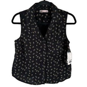 SO Black Floral Collared Button Down Tank Blouse, Sz Medium